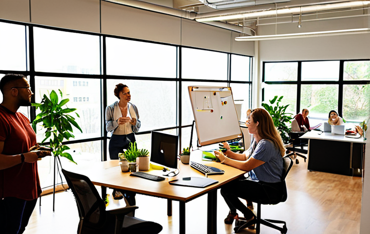 **

A diverse group of employees collaborating in a bright, modern office space filled with plants. Sunlight streams through large windows. Some employees are working at computers, while others are engaged in a brainstorming session around a whiteboard. Emphasis on a positive, inclusive atmosphere. B-Corp logo subtly included.

**