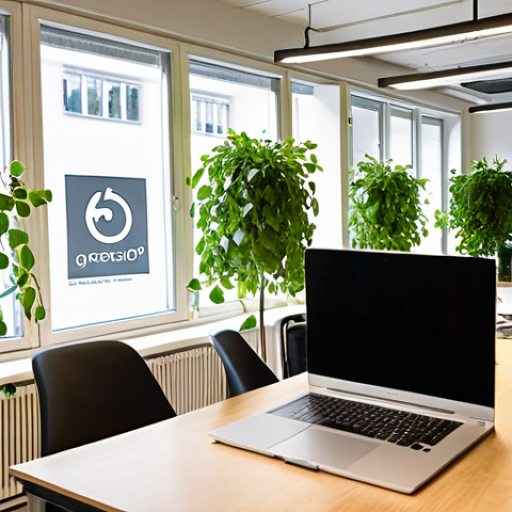** A bustling, modern office space in Stockholm. Sunlight streams through large windows, illuminating employees collaborating on laptops and whiteboards. Green plants are abundant throughout the office. In the background, a B-Corp certification logo is subtly displayed. The overall feel is bright, energetic, and environmentally conscious.
*Prompt:* "Modern, sustainable office space in Stockholm with B-Corp certification subtly displayed."

**