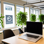 ** A bustling, modern office space in Stockholm. Sunlight streams through large windows, illuminating employees collaborating on laptops and whiteboards. Green plants are abundant throughout the office. In the background, a B-Corp certification logo is subtly displayed. The overall feel is bright, energetic, and environmentally conscious.
*Prompt:* "Modern, sustainable office space in Stockholm with B-Corp certification subtly displayed."

**