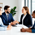 A diverse group of professional business individuals, fully clothed in modest business attire, gathered in a bright, modern, and sustainable office space. They are engaged in a collaborative discussion, conveying trust and shared purpose, symbolizing ethical branding and B-Corp principles. safe for work, appropriate content, professional, perfect anatomy, correct proportions, natural pose, well-formed hands, proper finger count, natural body proportions, professional photography, high quality, appropriate attire.